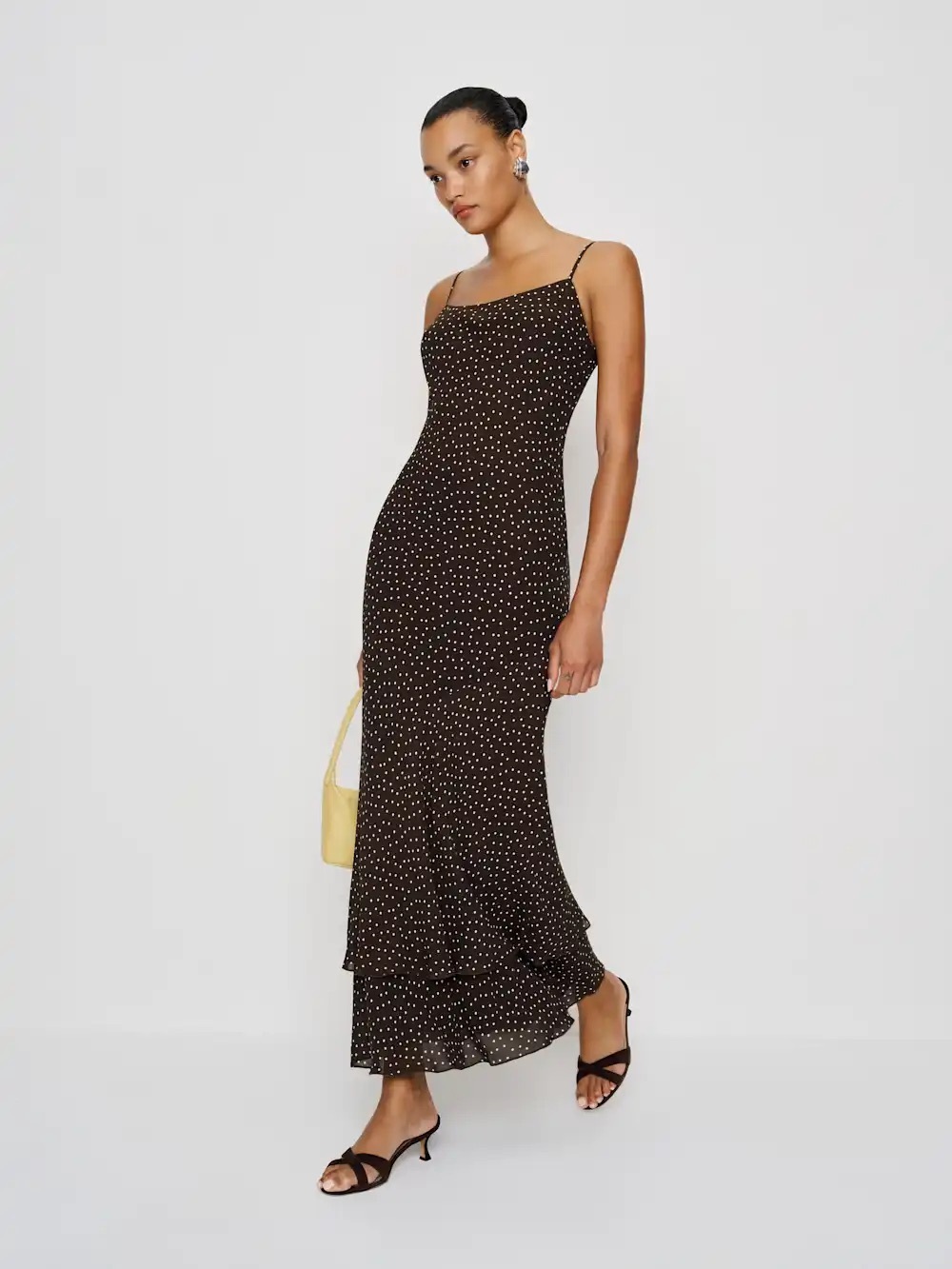 Reformation Brown Polka Dot Plume Dress